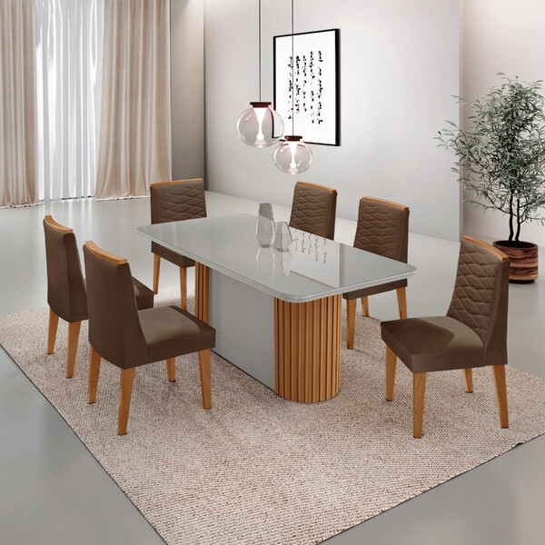 Mesa De Jantar Aspen 180cm Tampo Mdf Vidro Canto Copo Com 6 C
