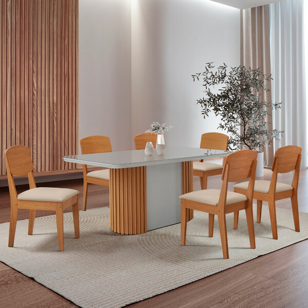 Mesa De Jantar Aspen 180cm Tampo Mdf Vidro Com 6 Cadeiras Cop
