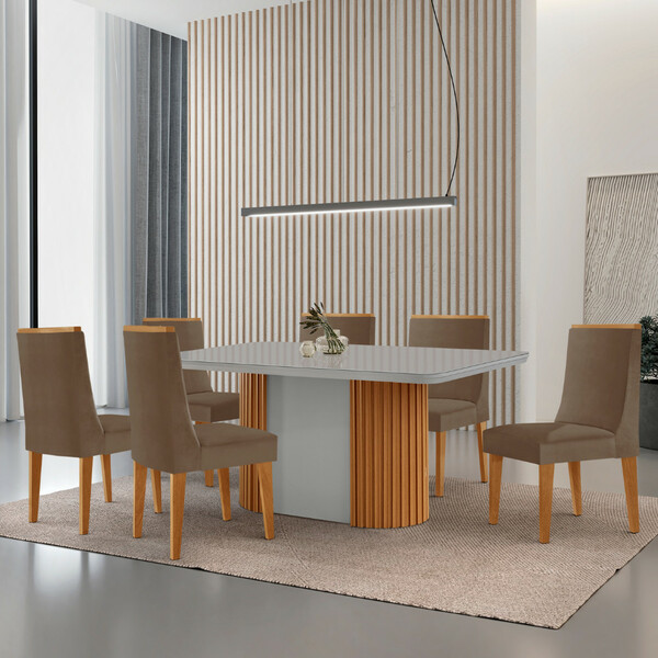 Mesa De Jantar Aspen 180cm Tampo Mdf Vidro Com 6 Cadeiras Lis