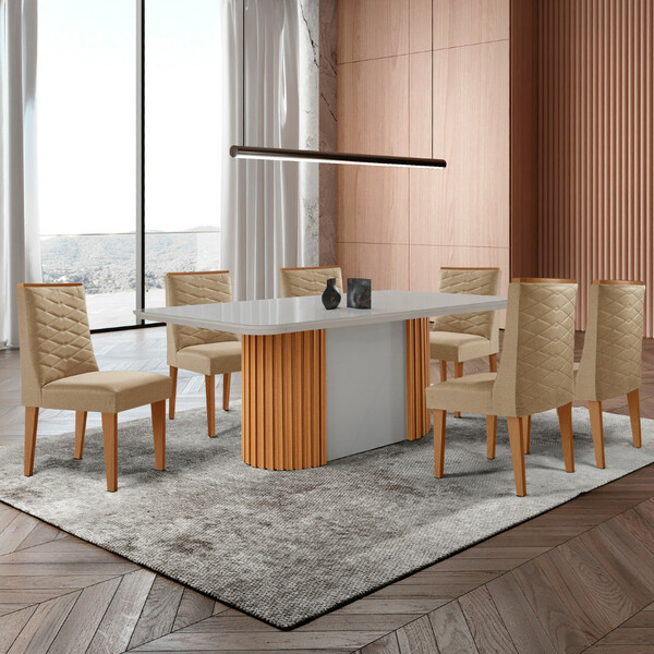 Mesa De Jantar Aspen 180cm Tampo Mdf Vidro Com 6 Cadeiras Saf