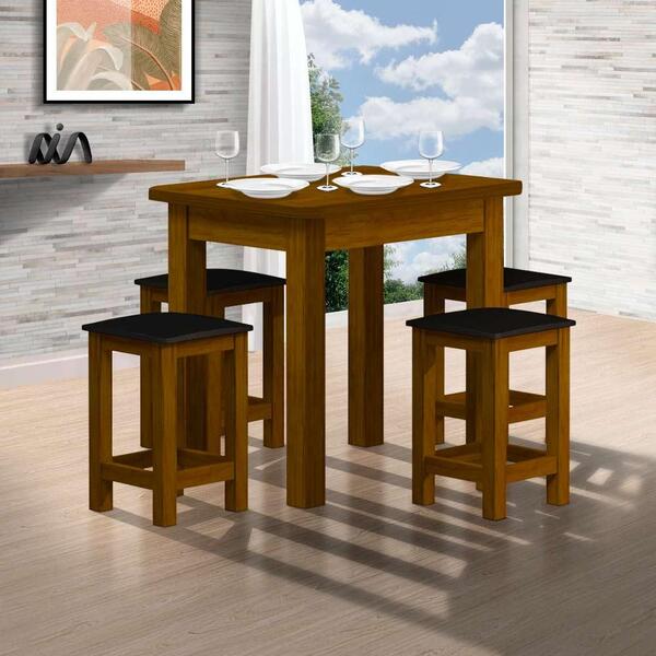 Mesa De Jantar Com 4 Banquetas Estofadas Madeira Maciça Safir