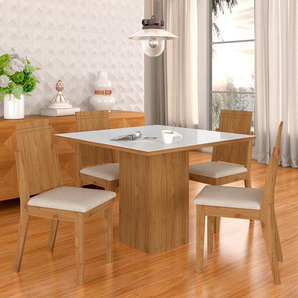 Mesa De Jantar Com Vidro 4 Cadeiras Aveiro Cinamomo/off White