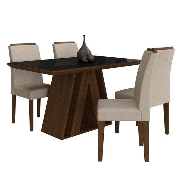 Mesa De Jantar Com Vidro Ravena 4 Cadeiras Imbuia/preto/bege