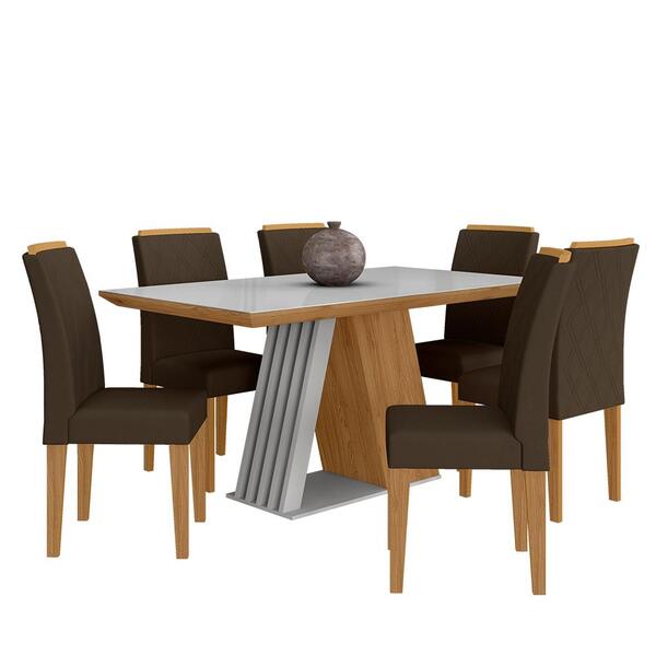 Mesa De Jantar Com Vidro Sícilia 6 Cadeiras Cinamo/off Wh/mar