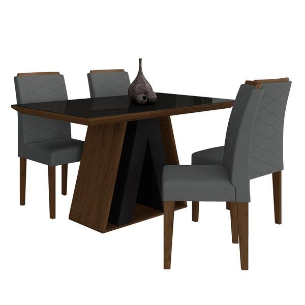 Mesa De Jantar Com Vidro Suiça 4 Cadeiras Imbuia/preto/cinza