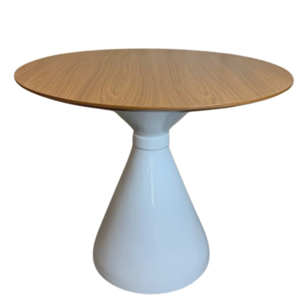 Mesa De Jantar Cone Ampulheta 80 Cm Tampo Freijó Base Branca