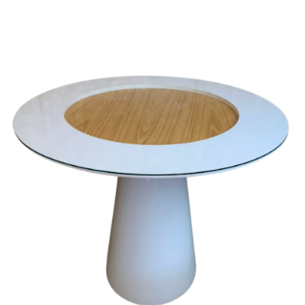 Mesa De Jantar Cone Concavo 80 Cm Laqueada Com Vidro Branca -
