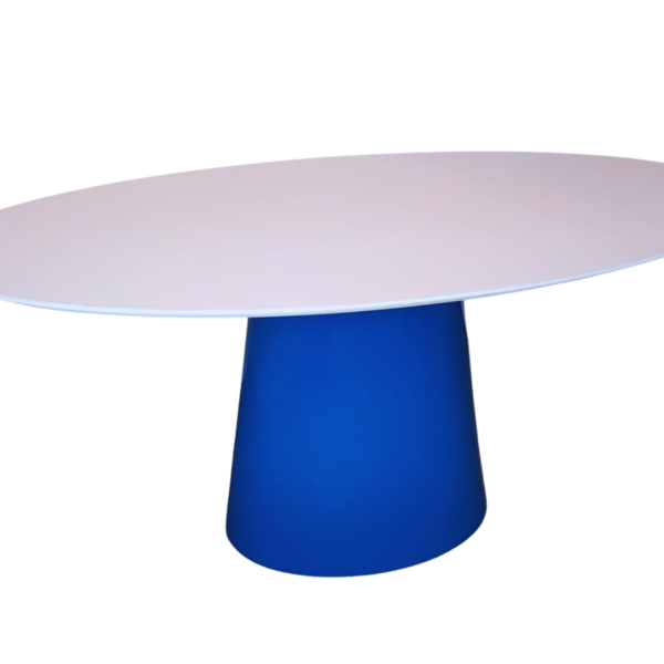 Mesa De Jantar Cone Oval 244x137cm Base Azul Tampo Laca Branc