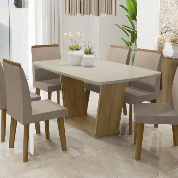 Mesa De Jantar Diamante Com 6 Cadeiras Cinamomo Off White Com