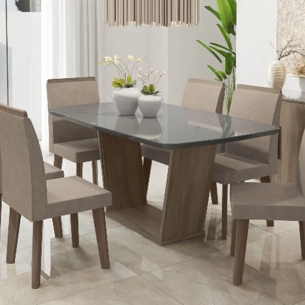 Mesa De Jantar Diamante Com 6 Cadeiras Freijó Cinza Com Pena