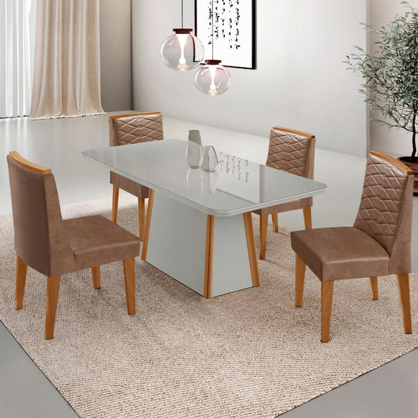 Mesa De Jantar Diane 120cm Tampo Mdf Vidro Com 4 Cadeiras Elo