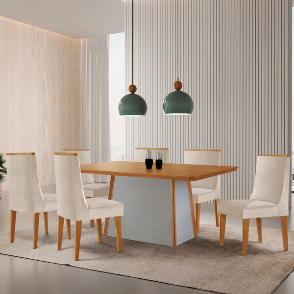 Mesa De Jantar Diane 180cm Tampo Mdf Laminado Com 6 Cadeiras