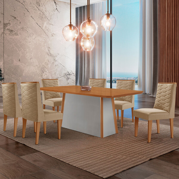 Mesa De Jantar Diane 180cm Tampo Mdf Laminado Com 6 Cadeiras