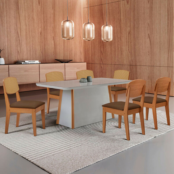 Mesa De Jantar Diane 180cm Tampo Mdf Vidro Com 6 Cadeiras Cop