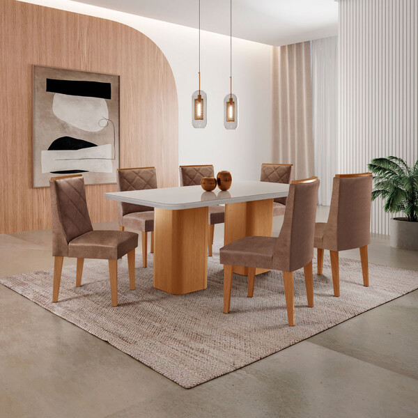 Mesa De Jantar Eloise 180cm Tampo Mdf Com Vidro Com 6 Cadeira