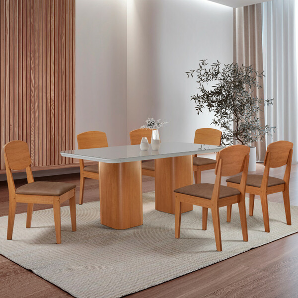 Mesa De Jantar Eloise 180cm Tampo Mdf Vidro Com 6 Cadeiras Co