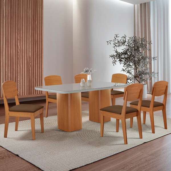 Mesa De Jantar Eloise 180cm Tampo Mdf Vidro Com 6 Cadeiras Co