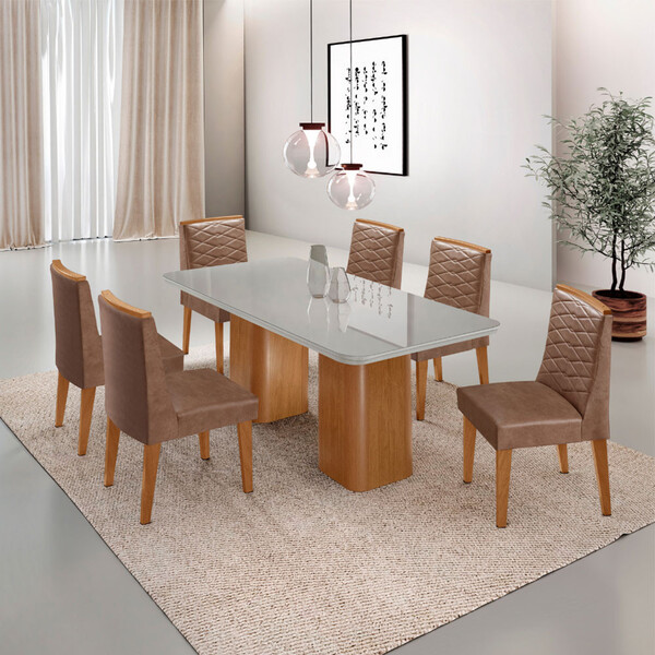 Mesa De Jantar Eloise 180cm Tampo Mdf Vidro Com 6 Cadeiras El