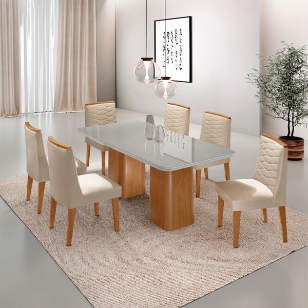 Mesa De Jantar Eloise 180cm Tampo Mdf Vidro Com 6 Cadeiras El