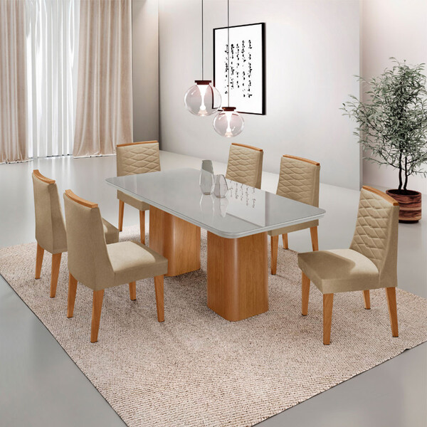 Mesa De Jantar Eloise 180cm Tampo Mdf Vidro Com 6 Cadeiras El