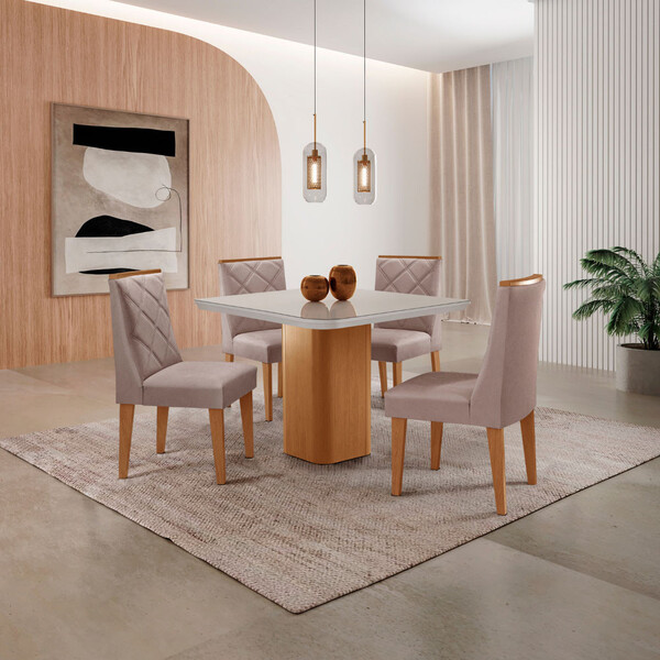 Mesa De Jantar Eloise 90cm Tampo Mdf Vidro Canto Copo Com 4 C