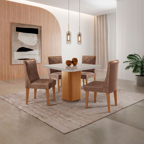 Mesa De Jantar Eloise 90cm Tampo Mdf Vidro Canto Copo Com 4 C