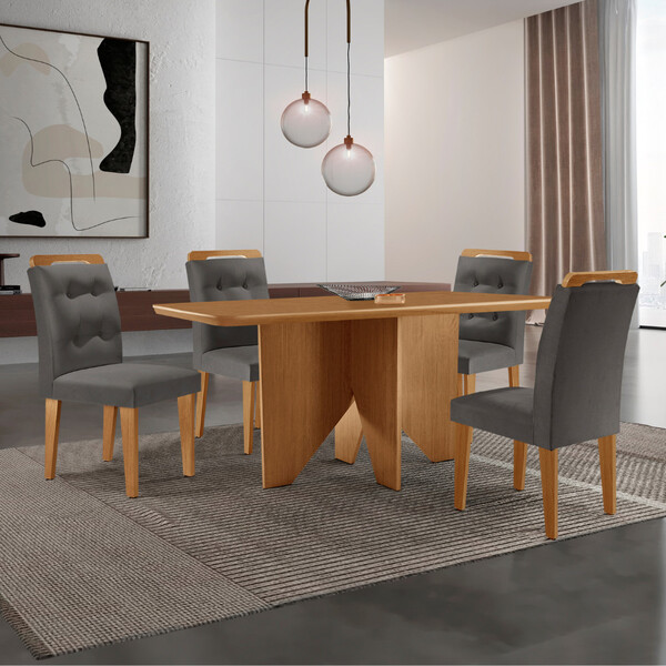 Mesa De Jantar Evora 120cm Mdf Canto Copo E 4 Cadeiras Carol