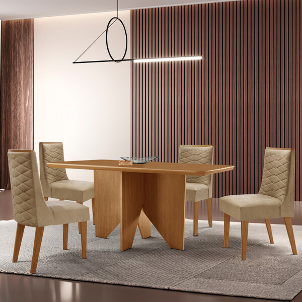 Mesa De Jantar Evora 120cm Mdf Canto Copo E 4 Cadeiras Safira