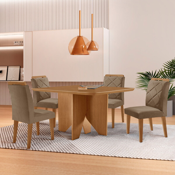 Mesa De Jantar Evora 90cm Mdf Canto Copo E Com 4 Cadeiras Mel
