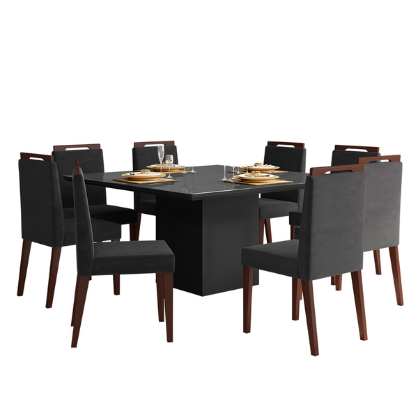 Mesa De Jantar Helena Preto 150x150 Cm Com 08 Cadeiras Denise