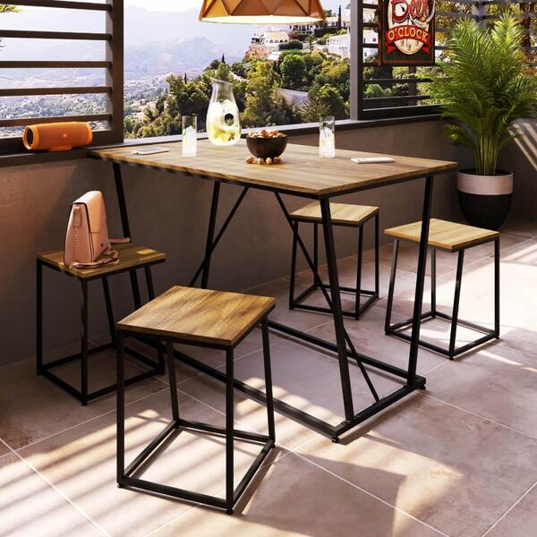 Mesa De Jantar Industrial Com 4 Banquetas Baixas - Preto/car