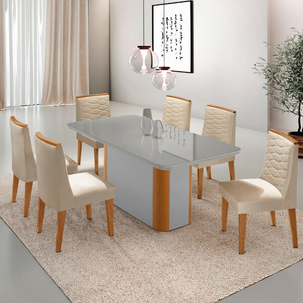 Mesa De Jantar Isadora 180cm Tampo Mdf Vidro Com 6 Cadeiras E