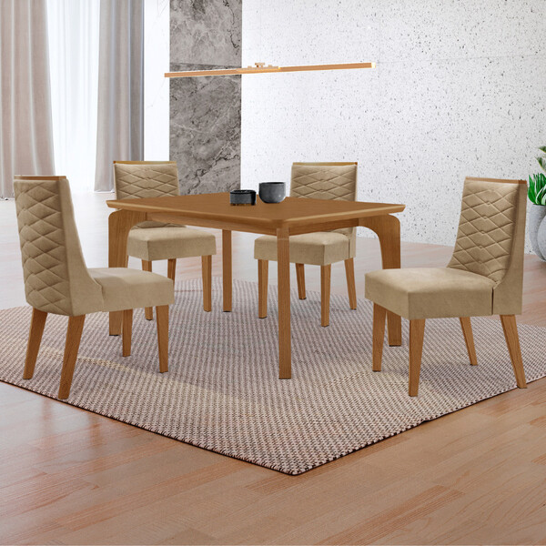 Mesa De Jantar Liz 120cm Mdf Canto Copo E Com 4 Cadeiras Safi