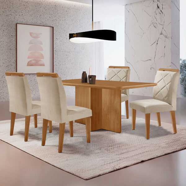 Mesa De Jantar Olímpia 120cm Mdf Canto Copo E Com 4 Cadeiras