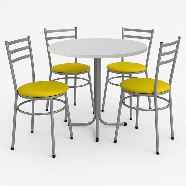 Mesa De Jantar Redonda 80cm Branca Com 4 Cadeiras Estofada Cinza ...