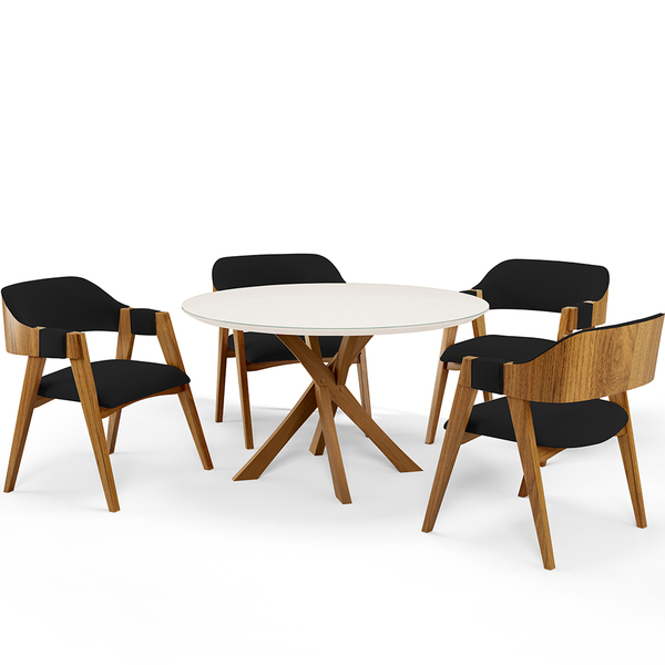 Mesa De Jantar Redonda Cora 120cm Off White M04 Com 04 Cadeir