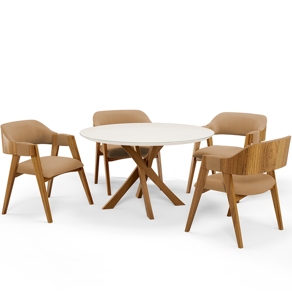 Mesa De Jantar Redonda Cora 120cm Off White M04 Com 04 Cadeir