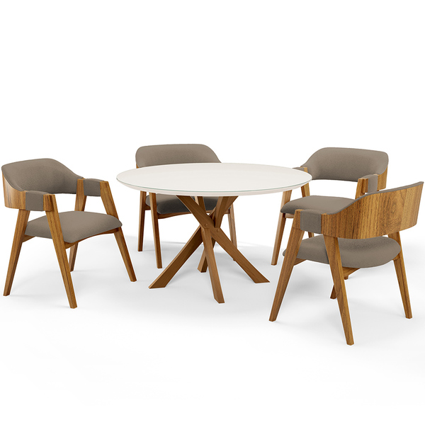 Mesa De Jantar Redonda Cora 120cm Off White M04 Com 04 Cadeir