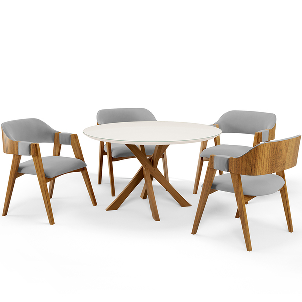 Mesa De Jantar Redonda Cora 120cm Off White M04 Com 04 Cadeir