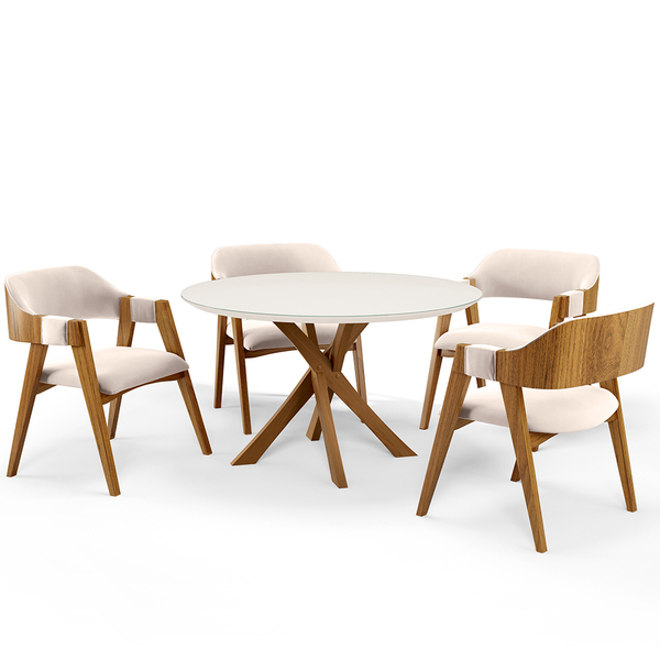 Mesa De Jantar Redonda Cora 120cm Off White M04 Com 04 Cadeir