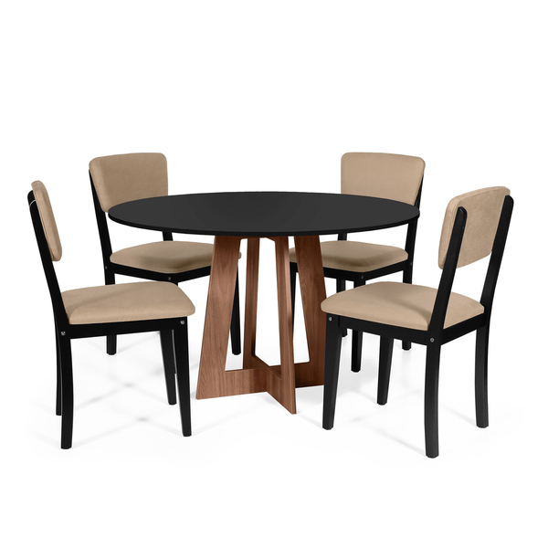 Mesa De Jantar Redonda Montreal Pret/nor Com 4 Cadeiras Estof