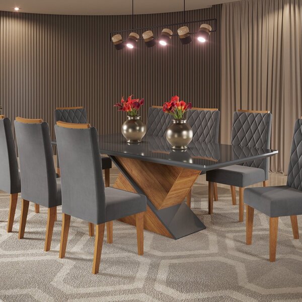 Mesa De Jantar Retangular 200x90 Noble Com 8 Cadeiras Iza Mel