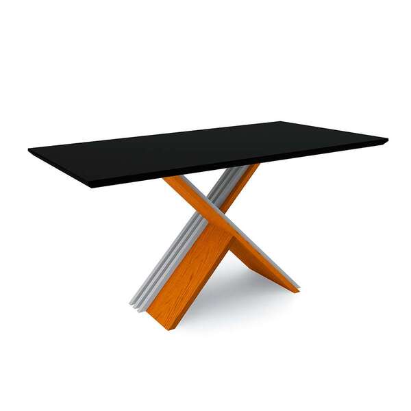 Mesa De Jantar Retangular Com Tampo De Vidro Madrid Ipê E Pre