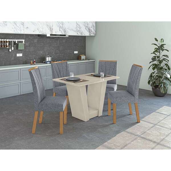 Mesa De Jantar Retangular Com Tampo De Vidro Off White E 4 Ca