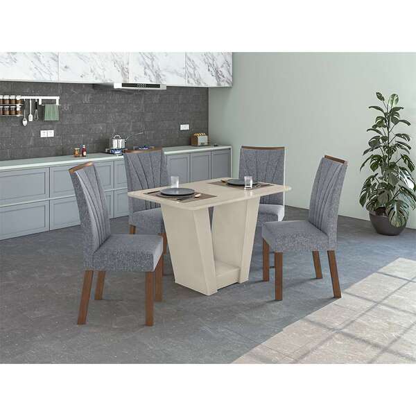 Mesa De Jantar Retangular Com Tampo De Vidro Off White E 4 Ca