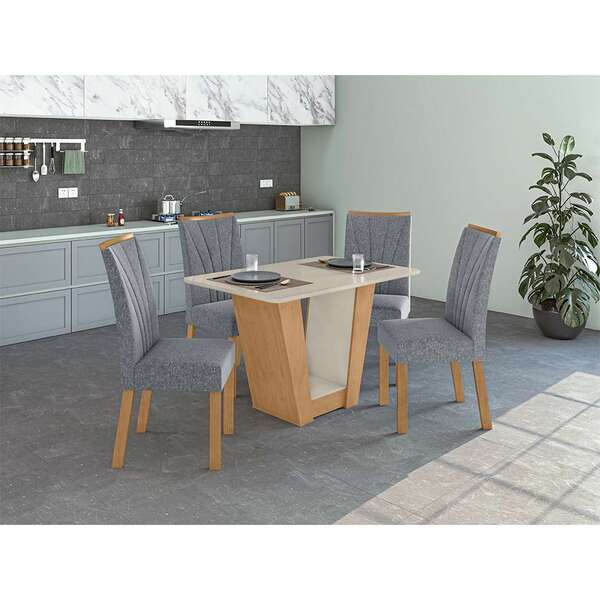 Mesa De Jantar Retangular Com Tampo De Vidro Off White E 4 Ca