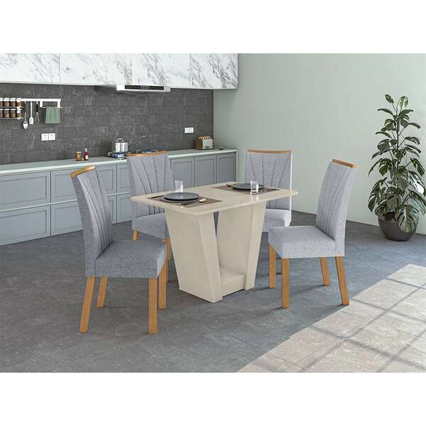 Mesa De Jantar Retangular Com Tampo De Vidro Off White E 4 Ca