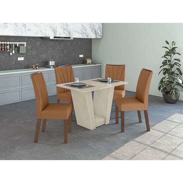 Mesa De Jantar Retangular Com Tampo De Vidro Off White E 4 Ca