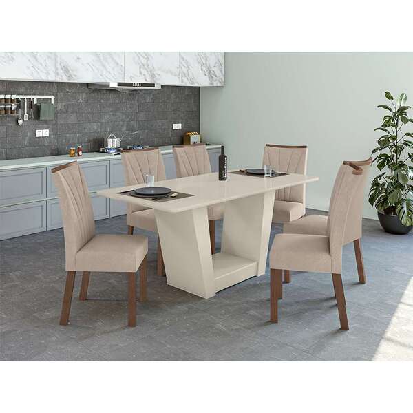 Mesa De Jantar Retangular Com Tampo De Vidro Off White E 6 Ca