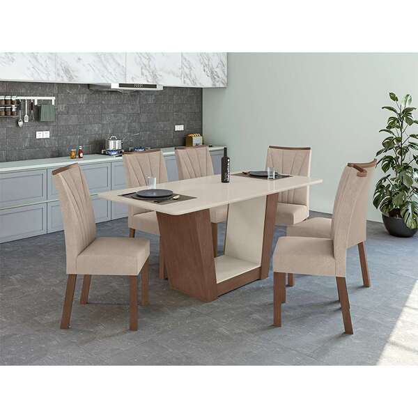 Mesa De Jantar Retangular Com Tampo De Vidro Off White E 6 Ca